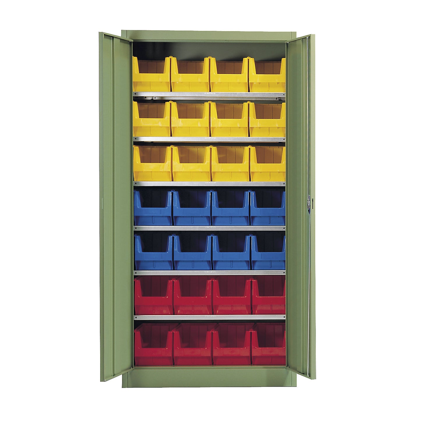Storage cupboard, single colour, with 28 open fronted storage bins, 6 shelves, green.