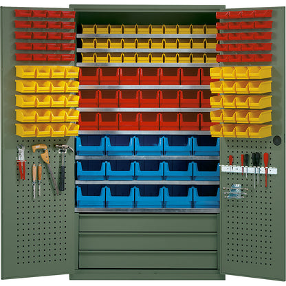 Large cupboard, 9 shelves, 146 open fronted storage bins, 3 drawers, reseda green.