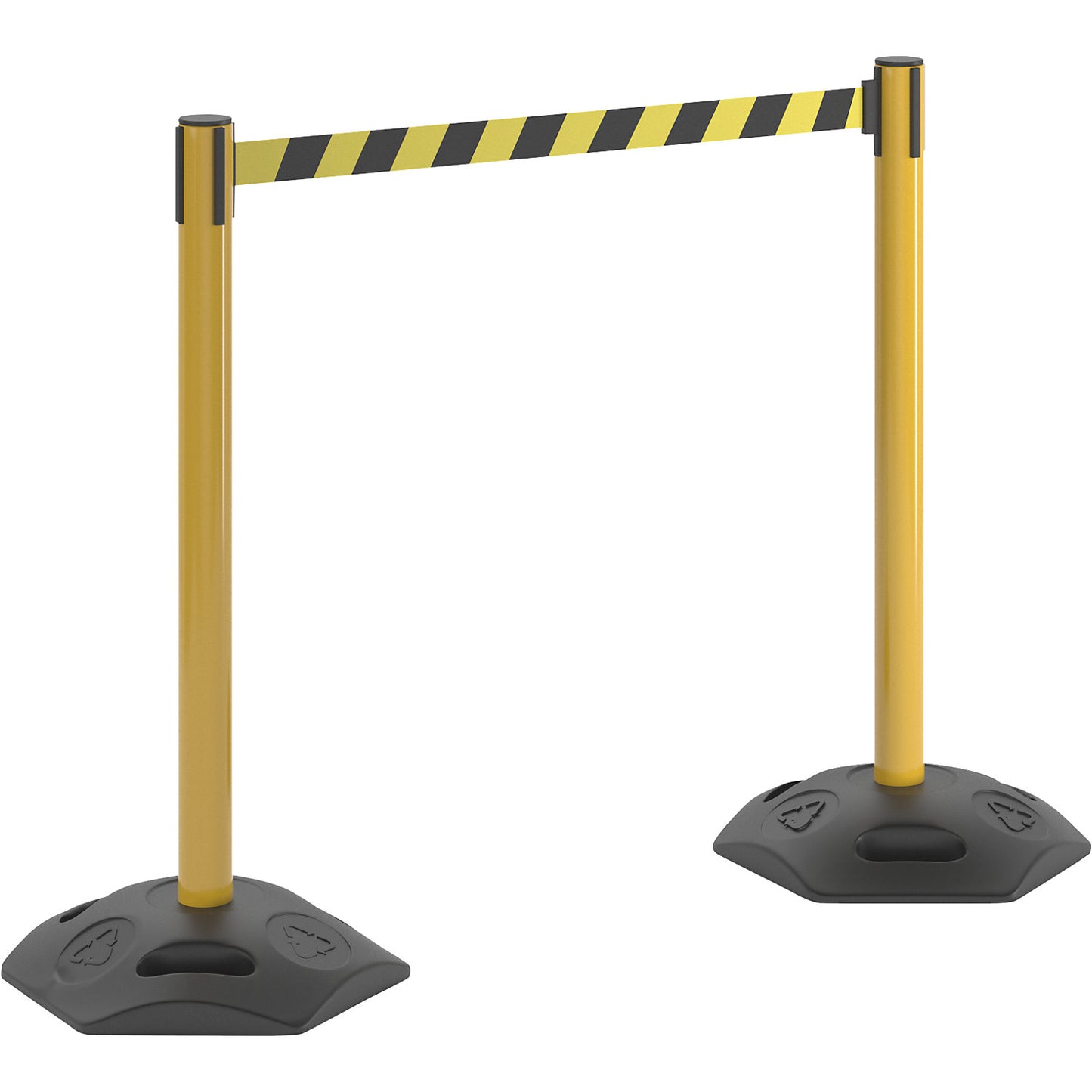 Tape barrier post, pack of 2, with hard rubber base, drawer 3700 mm, post yellow, belt yellow / black.