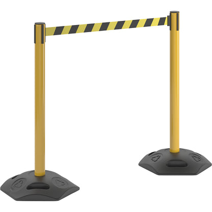 Tape barrier post, pack of 2, with hard rubber base, drawer 3700 mm, post yellow, belt yellow / black.