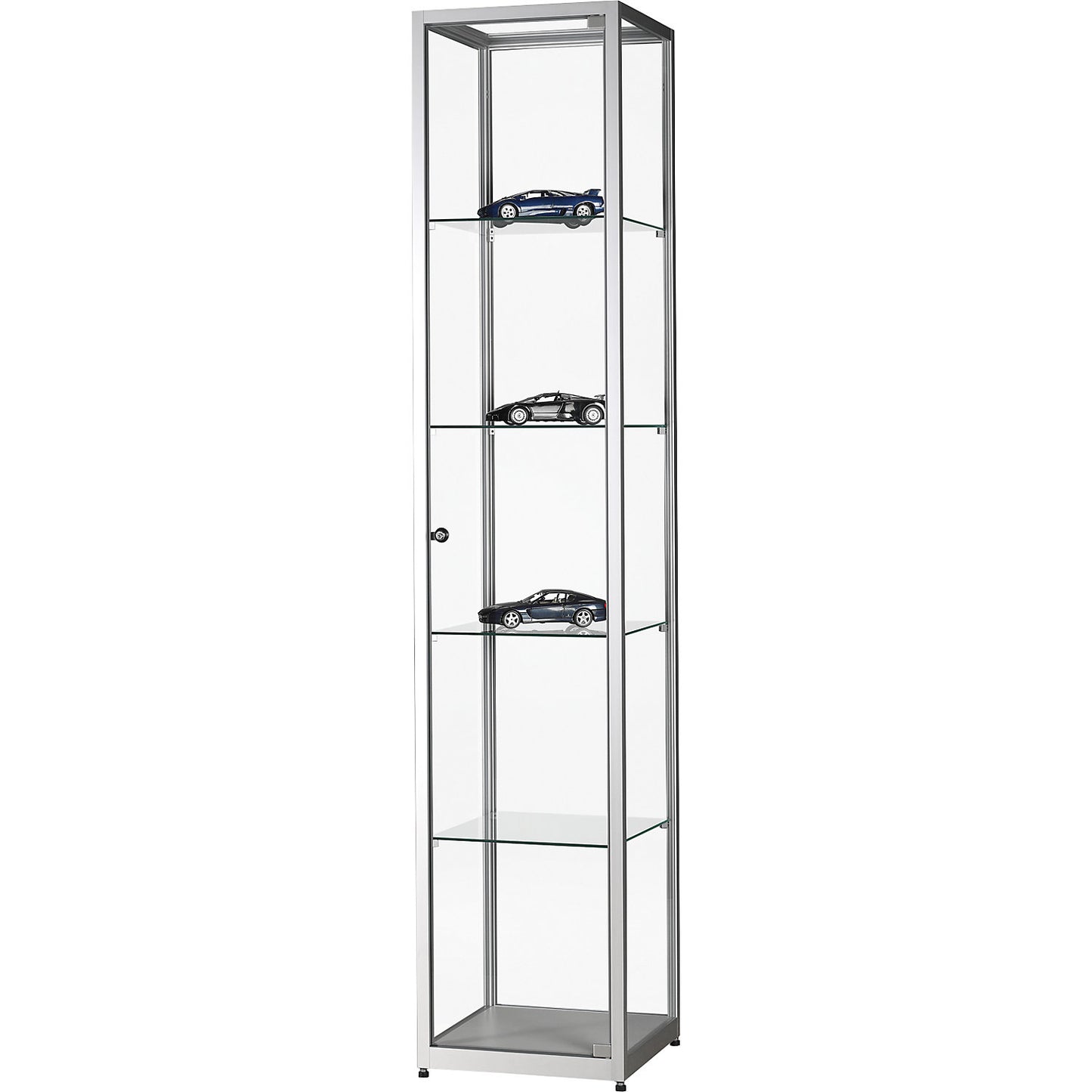 Glass cabinet, height 1984 mm, without lighting, WxD 400 x 400 mm, square, silver.