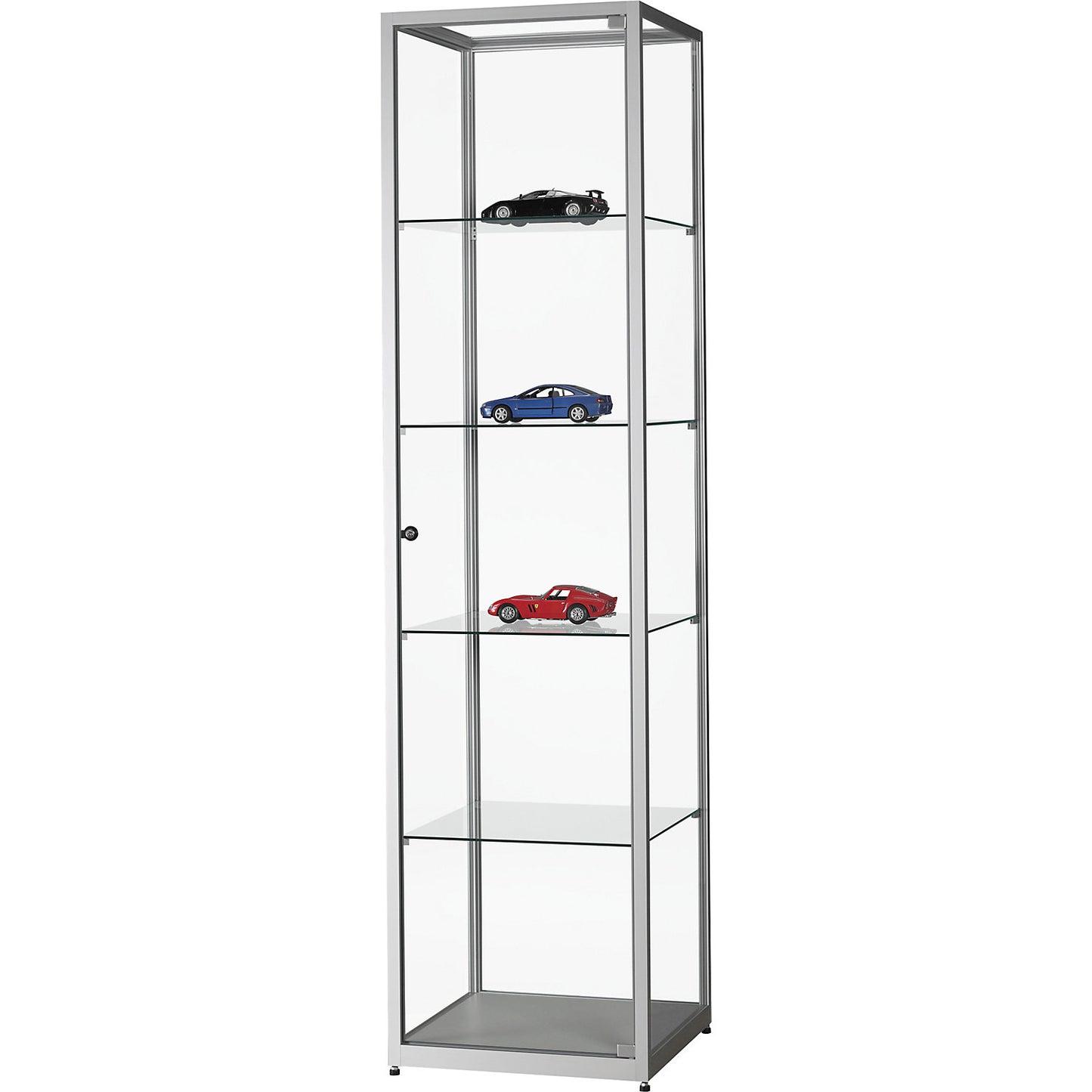Glass cabinet, height 1984 mm, without lighting, WxD 500 x 500 mm, square, silver.