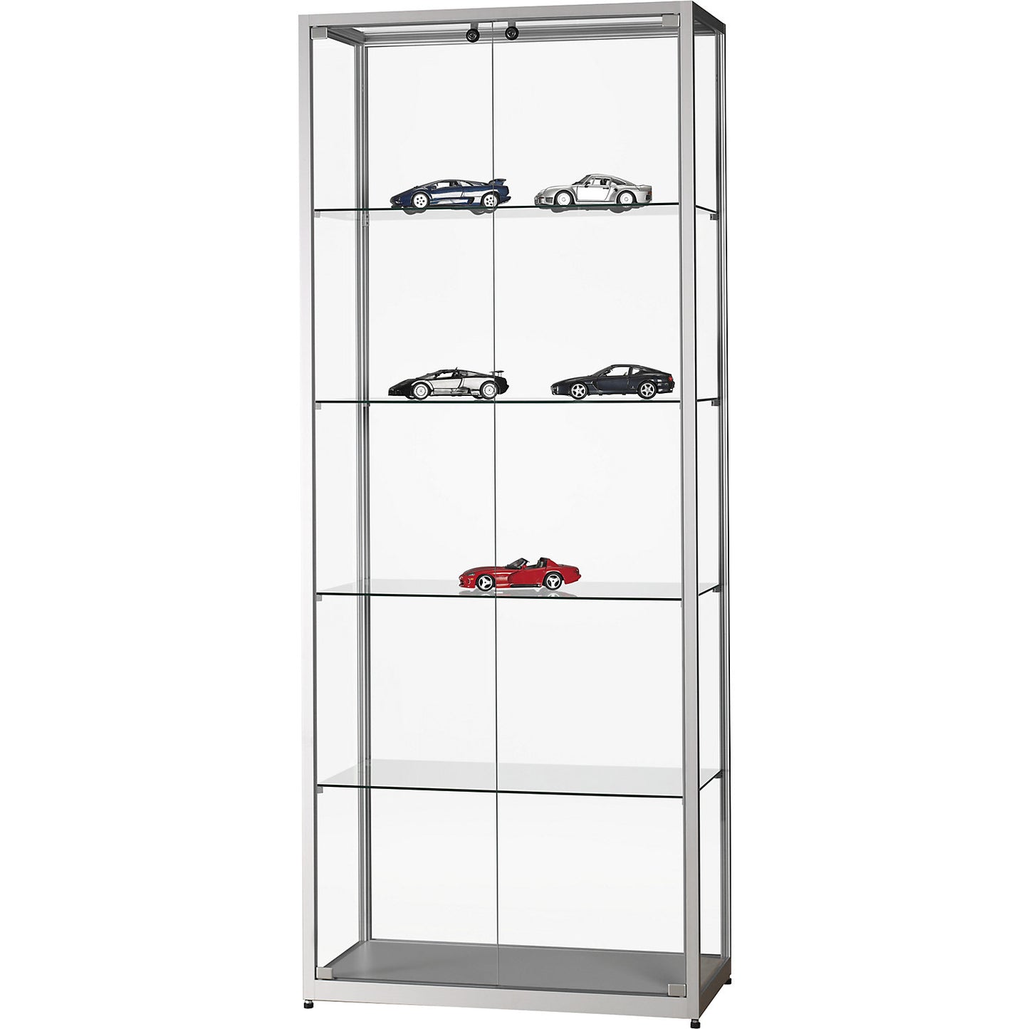 Glass cabinet, height 1984 mm, without lighting, WxD 800 x 400 mm, rectangular, silver, doors at front.