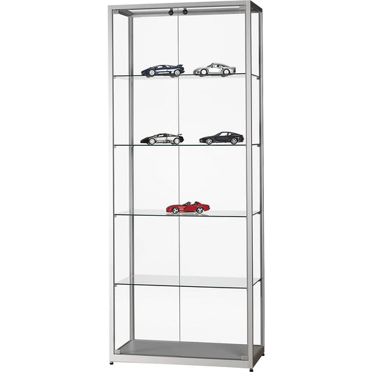 Glass cabinet, height 1984 mm, without lighting, WxD 800 x 400 mm, rectangular, silver, doors at front.