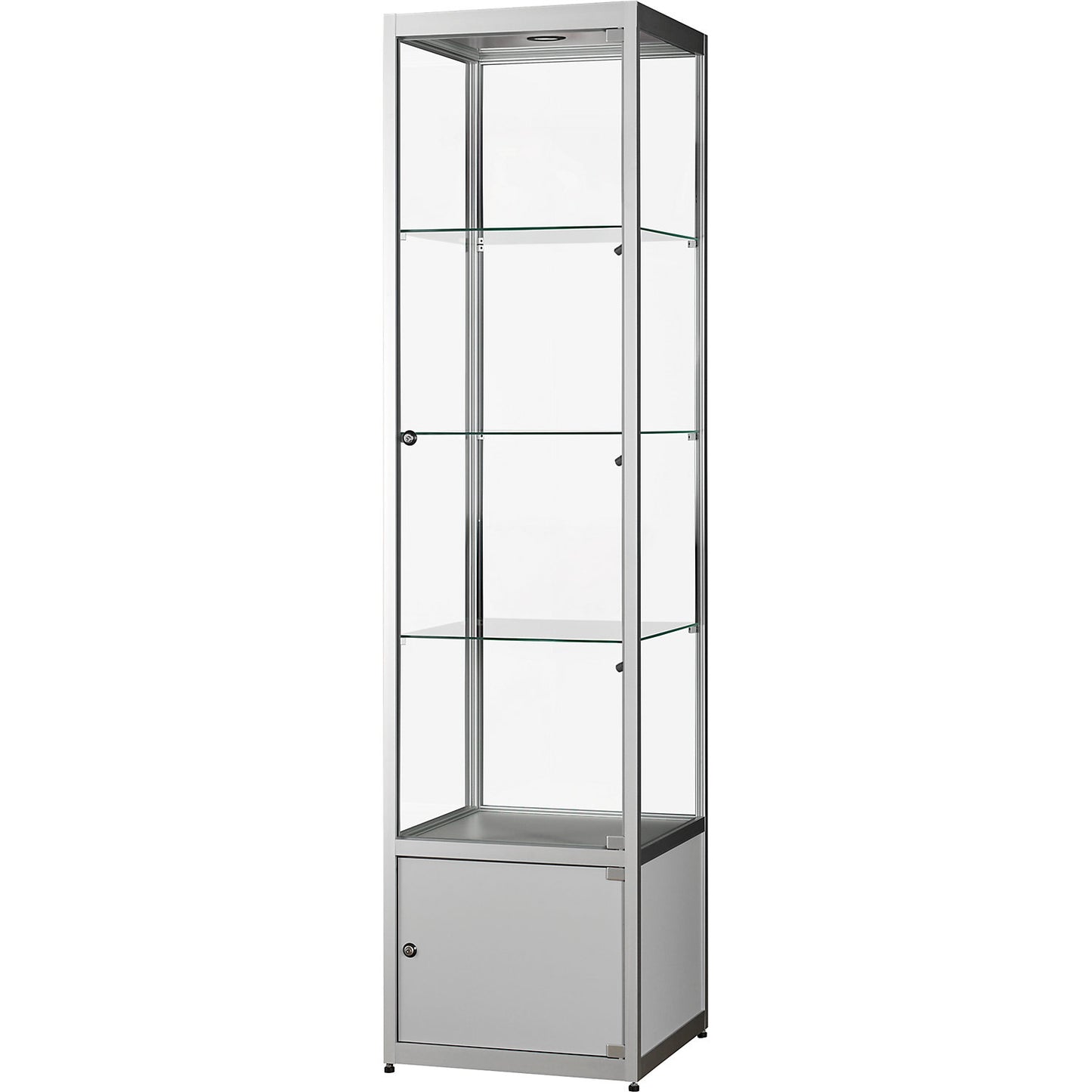 Glass cabinet, height 2000 mm, LED lighting, lamp head Ø 35 mm, WxD 500 x 500 mm, with base cupboard.