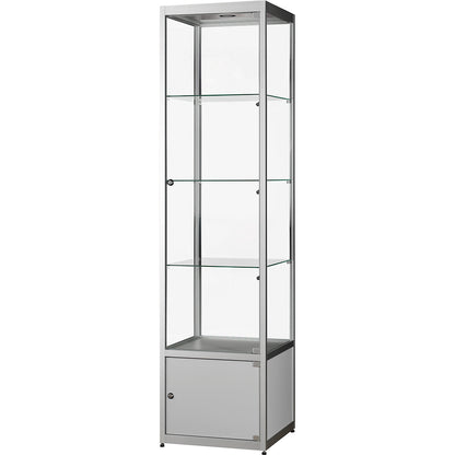 Glass cabinet, height 2000 mm, LED lighting, lamp head Ø 35 mm, WxD 500 x 500 mm, with base cupboard.