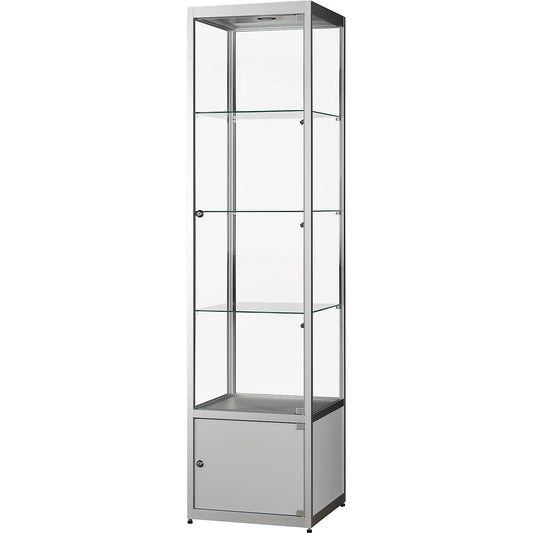 Glass cabinet, height 2000 mm, LED lighting, lamp head Ø 35 mm, WxD 500 x 500 mm, with base cupboard.