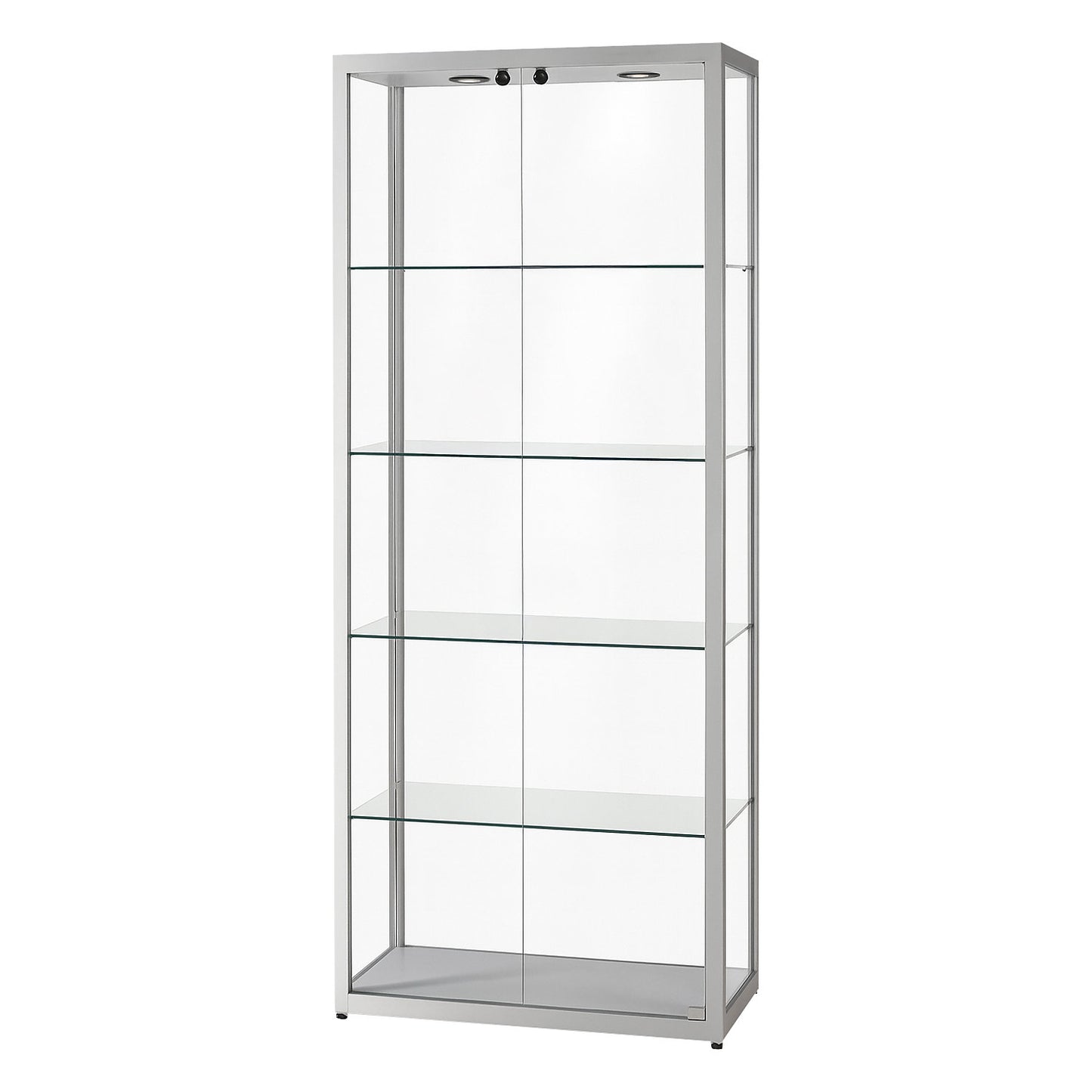 Glass cabinet with LED ceiling spotlight, 2 x 5 W, height 2000 mm, WxD 800 x 400 mm, doors at front.