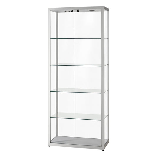 Glass cabinet with LED ceiling spotlight, 2 x 5 W, height 2000 mm, WxD 800 x 400 mm, doors at front.