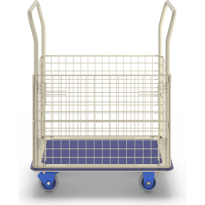 Platform truck with raised mesh edge, push handle height 920 mm, LxW 920 x 610 mm.