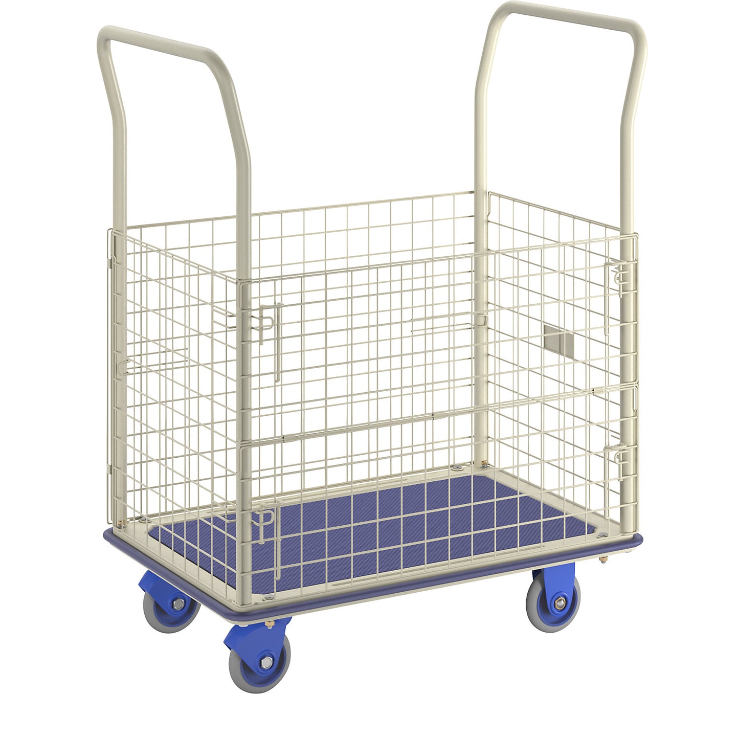 Platform truck with raised mesh edge, push handle height 920 mm, LxW 920 x 610 mm.