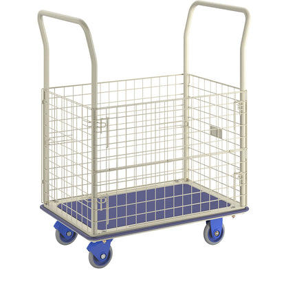 Platform truck with raised mesh edge, push handle height 920 mm, LxW 920 x 610 mm.