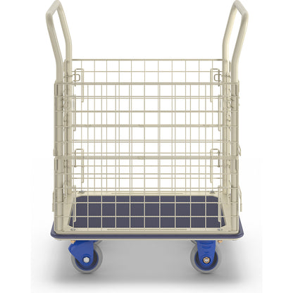 Platform truck with raised mesh edge, push handle height 920 mm, LxW 740 x 480 mm.