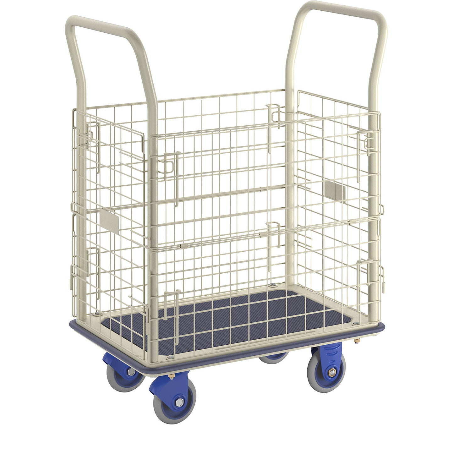 Platform truck with raised mesh edge, push handle height 920 mm, LxW 740 x 480 mm.