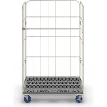 Roll container, max. load 500 kg, height 1700 mm, WxD 1100 x 800 mm, plastic plate.