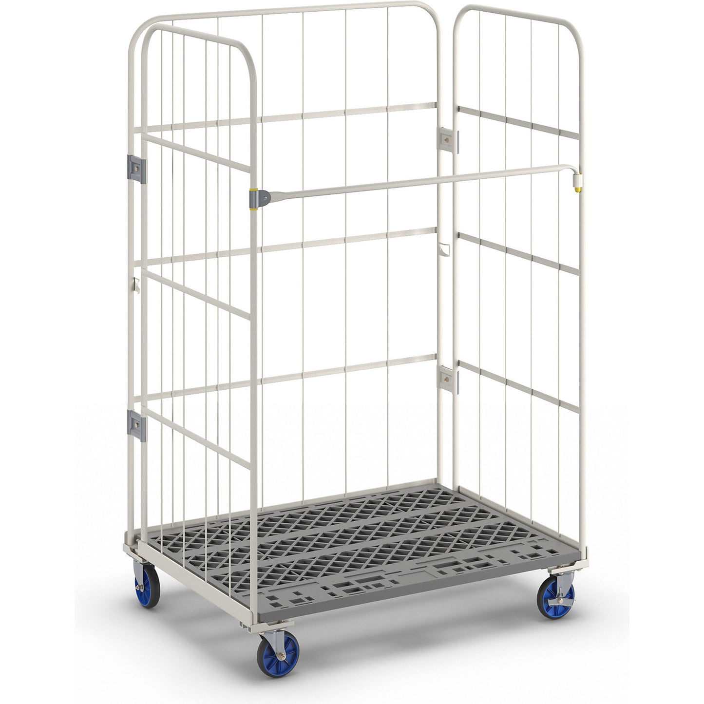 Roll container, max. load 500 kg, height 1700 mm, WxD 1100 x 800 mm, plastic plate.