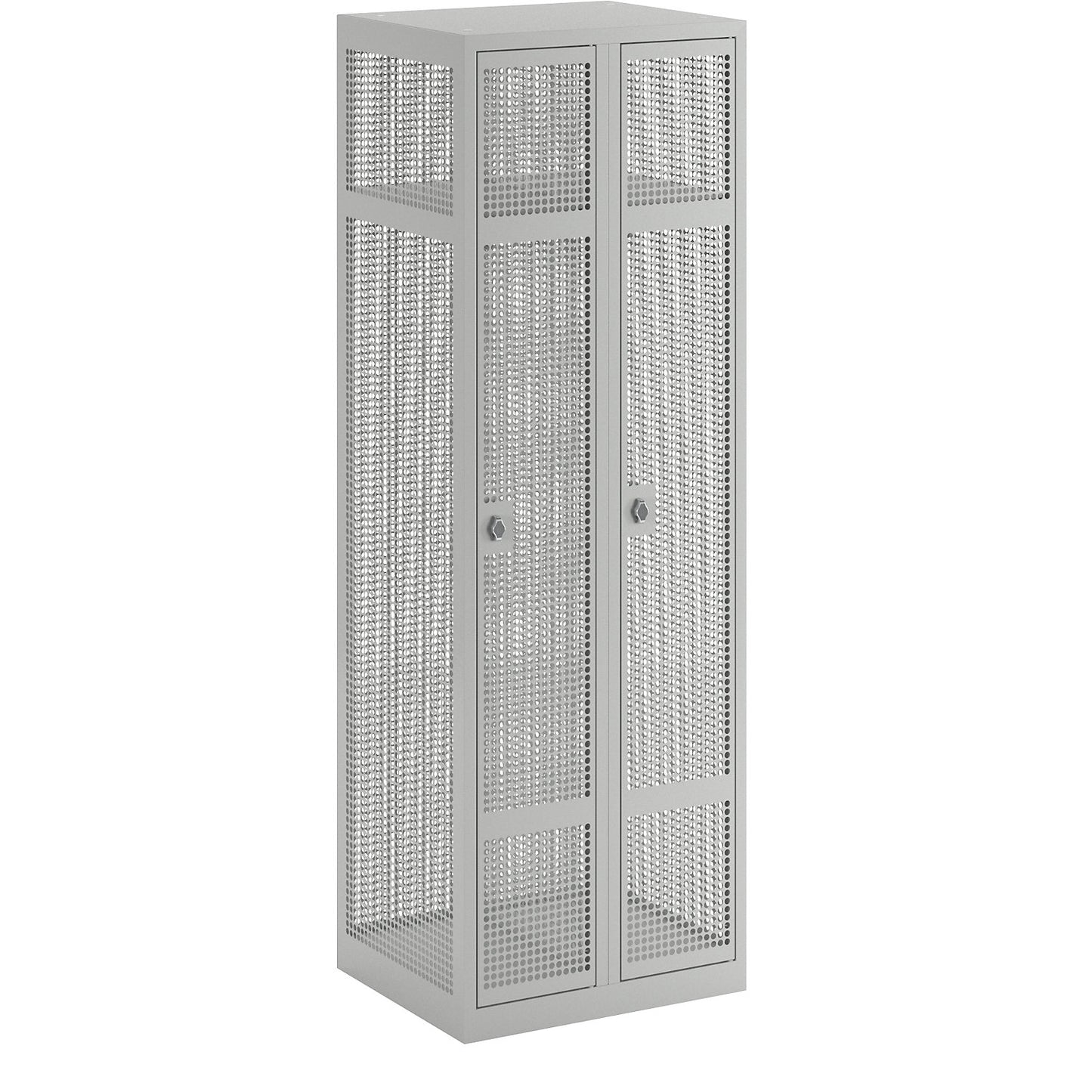 Perforated sheet steel locker, 2 compartments, light grey, W 600 mm, rotary bolt.