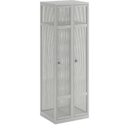 Perforated sheet steel locker, 2 compartments, light grey, W 600 mm, rotary bolt.