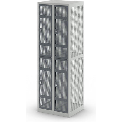 Double deck perforated sheet steel locker, 2 compartments, light grey / basalt grey, W 600 mm, rotary bolt.