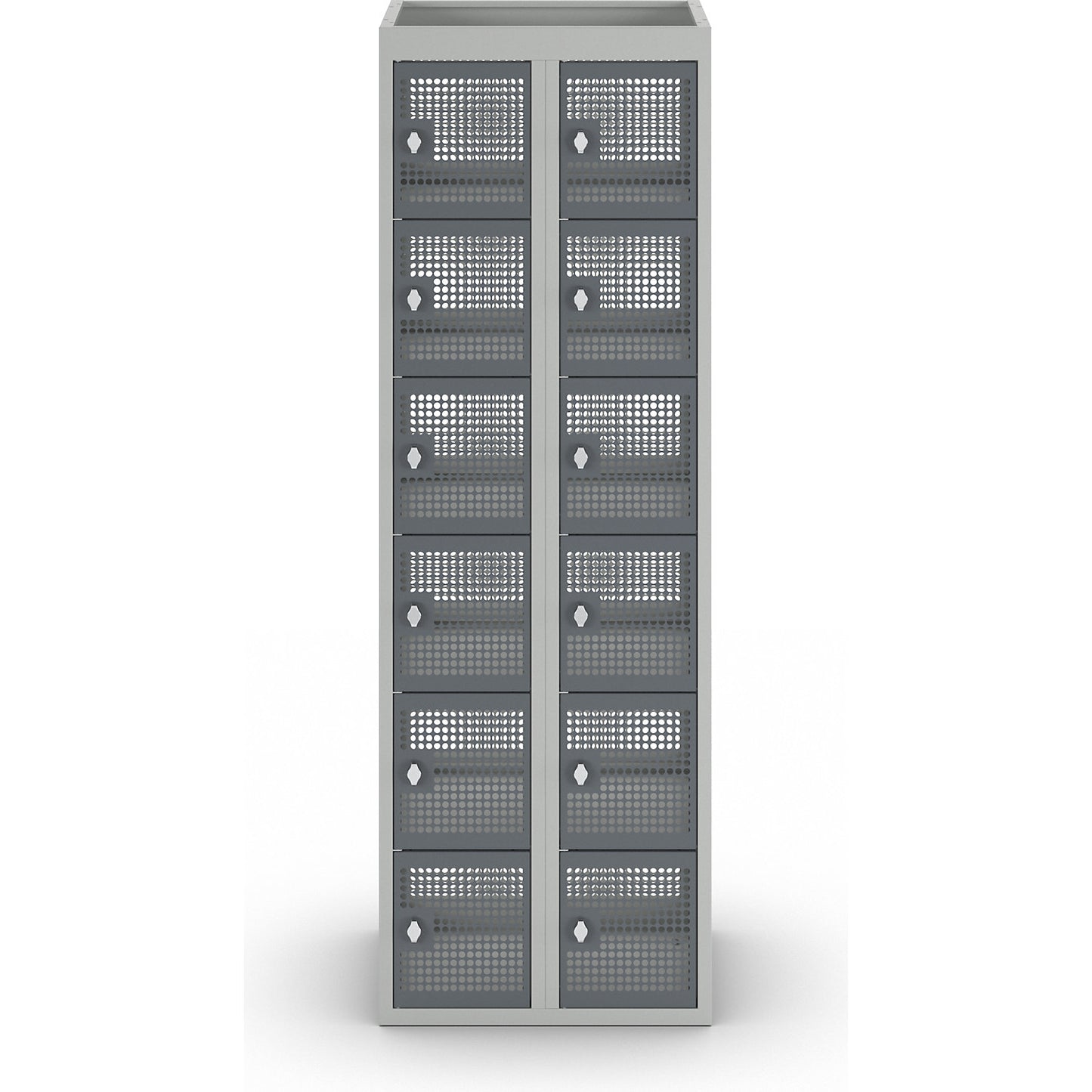 6-fold compartment locker, perforated sheet steel, 2 compartments, light grey / basalt grey, W 600 mm, rotary bolt.