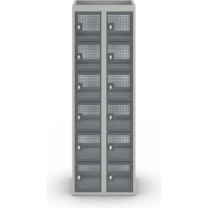 6-fold compartment locker, perforated sheet steel, 2 compartments, light grey / basalt grey, W 600 mm, rotary bolt.