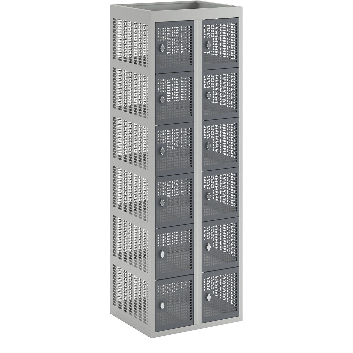 6-fold compartment locker, perforated sheet steel, 2 compartments, light grey / basalt grey, W 600 mm, rotary bolt.