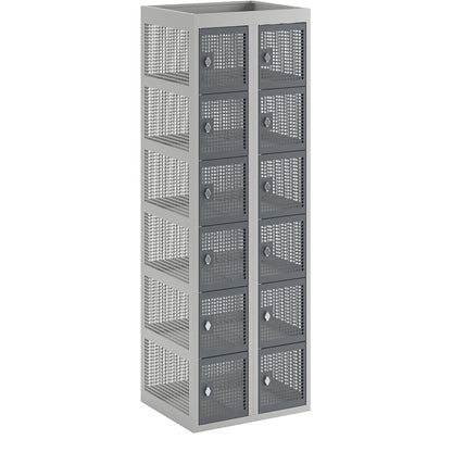 6-fold compartment locker, perforated sheet steel, 2 compartments, light grey / basalt grey, W 600 mm, rotary bolt.