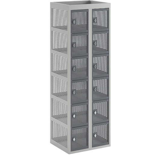 6-fold compartment locker, perforated sheet steel, 2 compartments, light grey / basalt grey, W 600 mm, rotary bolt.