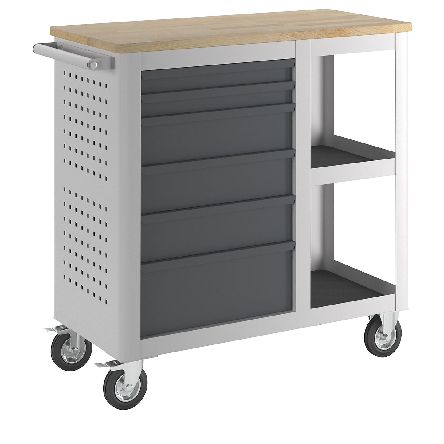 Tool trolley, width 965 mm, with 6 drawers + 2 shelves, body light grey.