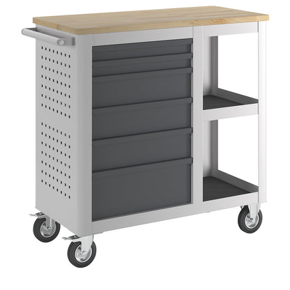 Tool trolley, width 965 mm, with 6 drawers + 2 shelves, body light grey.
