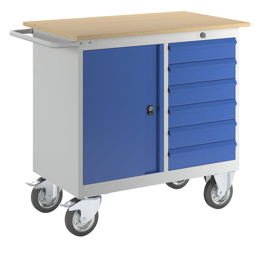 Compact workbench, mobile, with 6 drawers, 1 door, WxD 950 x 590 mm.