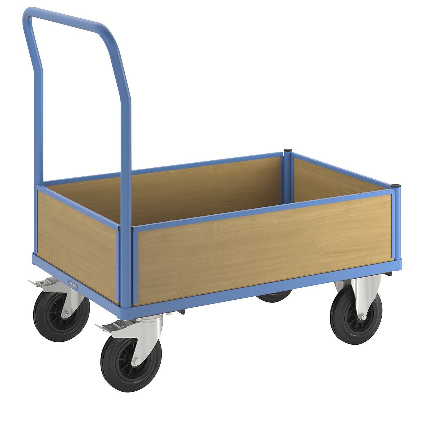 Platform truck with wooden panels, with 4 half height side panels, LxW 1050 x 700 mm, solid rubber.