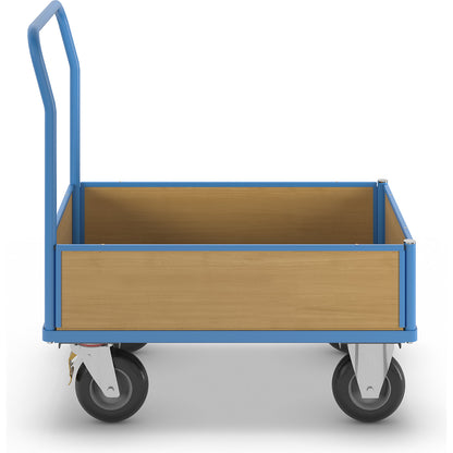 Platform truck with wooden panels, with 4 half height side panels, LxW 1050 x 700 mm, pneumatic tyres.