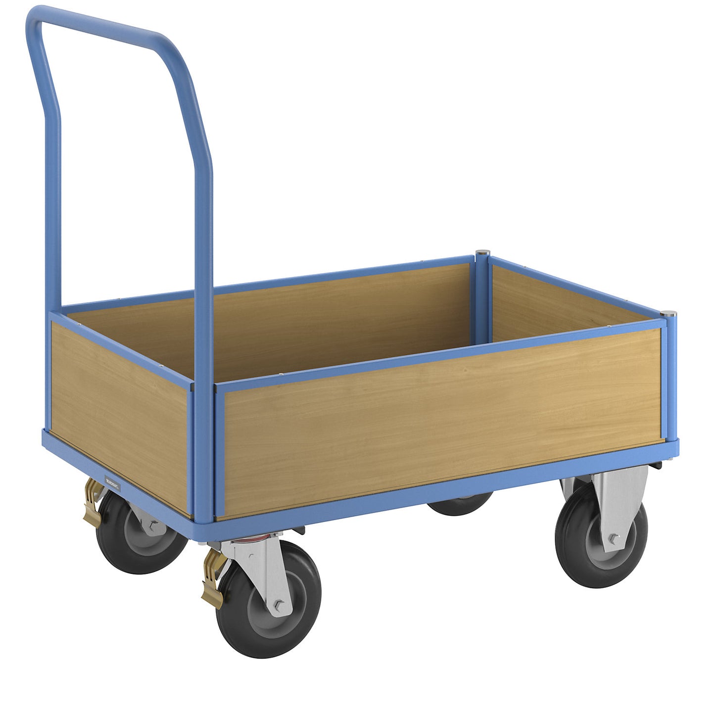 Platform truck with wooden panels, with 4 half height side panels, LxW 1050 x 700 mm, pneumatic tyres.