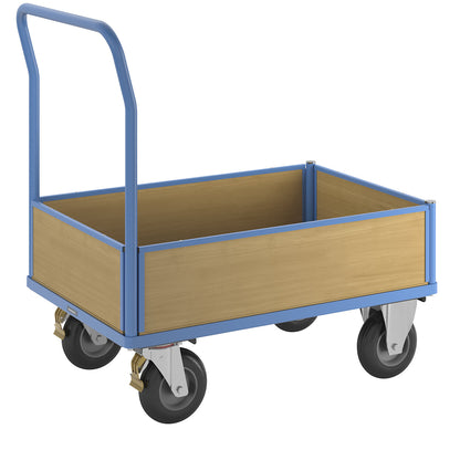 Platform truck with wooden panels, with 4 half height side panels, LxW 1050 x 700 mm, pneumatic tyres.