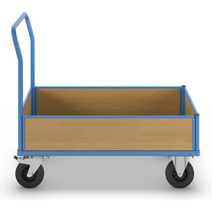 Platform truck with wooden panels, with 4 half height side panels, LxW 1300 x 800 mm, solid rubber.