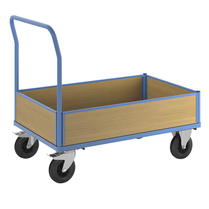 Platform truck with wooden panels, with 4 half height side panels, LxW 1300 x 800 mm, solid rubber.