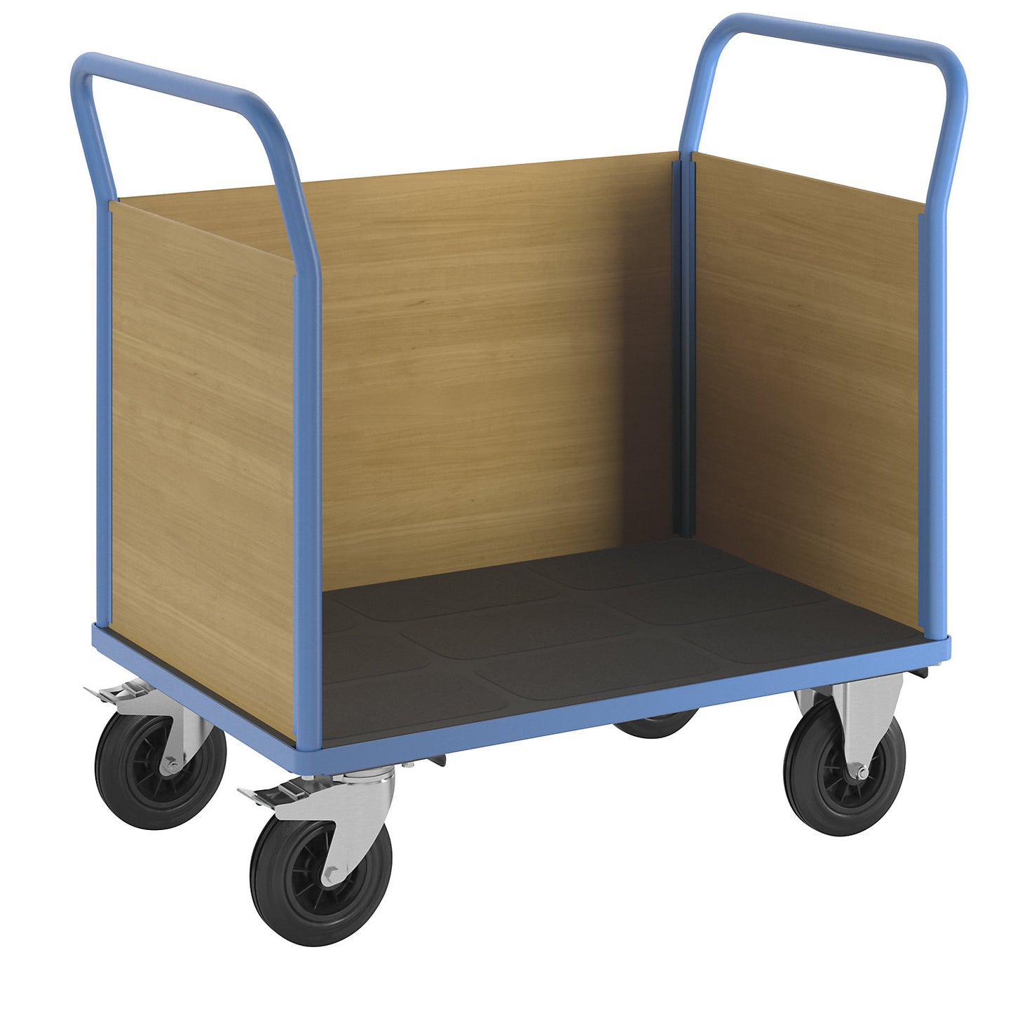 Platform truck with wooden panels, with 3 full height side panels, LxW 1150 x 700 mm, solid rubber.