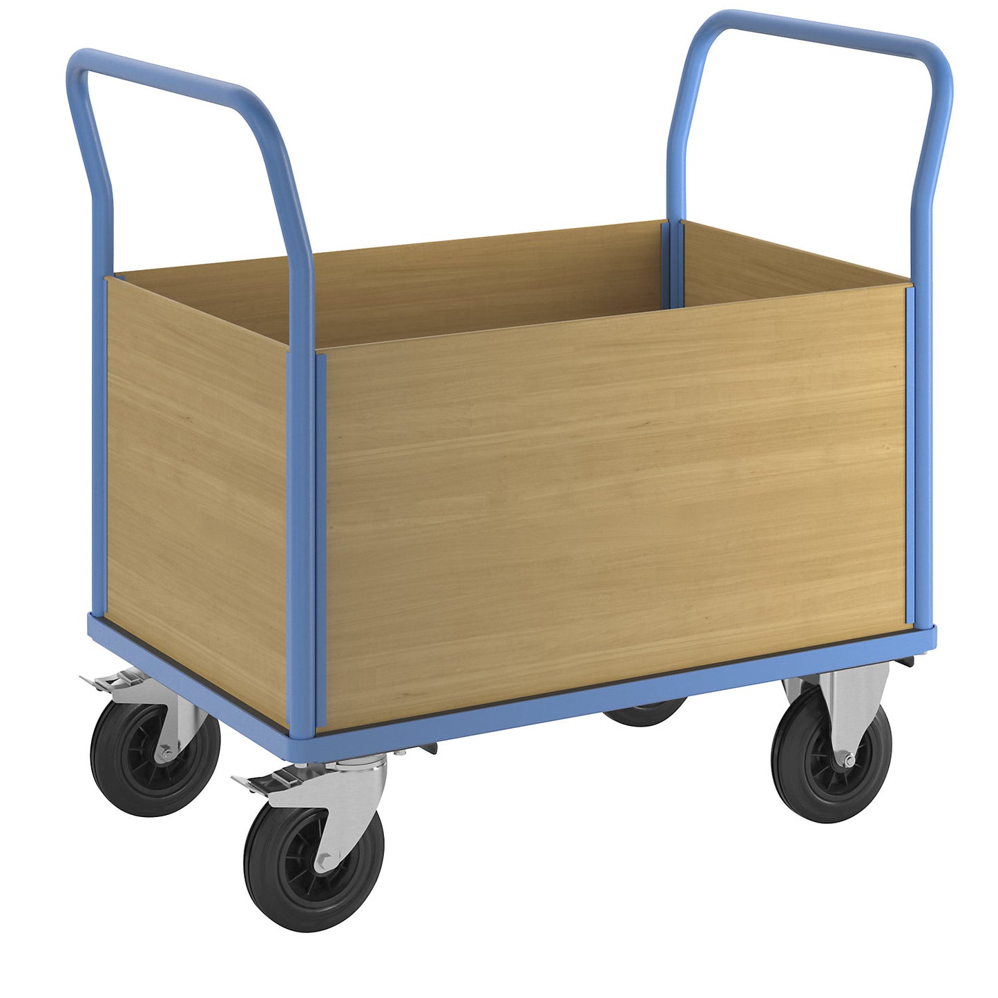 Platform truck with wooden panels, with 4 full height side panels, LxW 1050 x 700 mm, solid rubber.