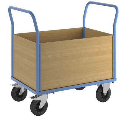 Platform truck with wooden panels, with 4 full height side panels, LxW 1050 x 700 mm, solid rubber.