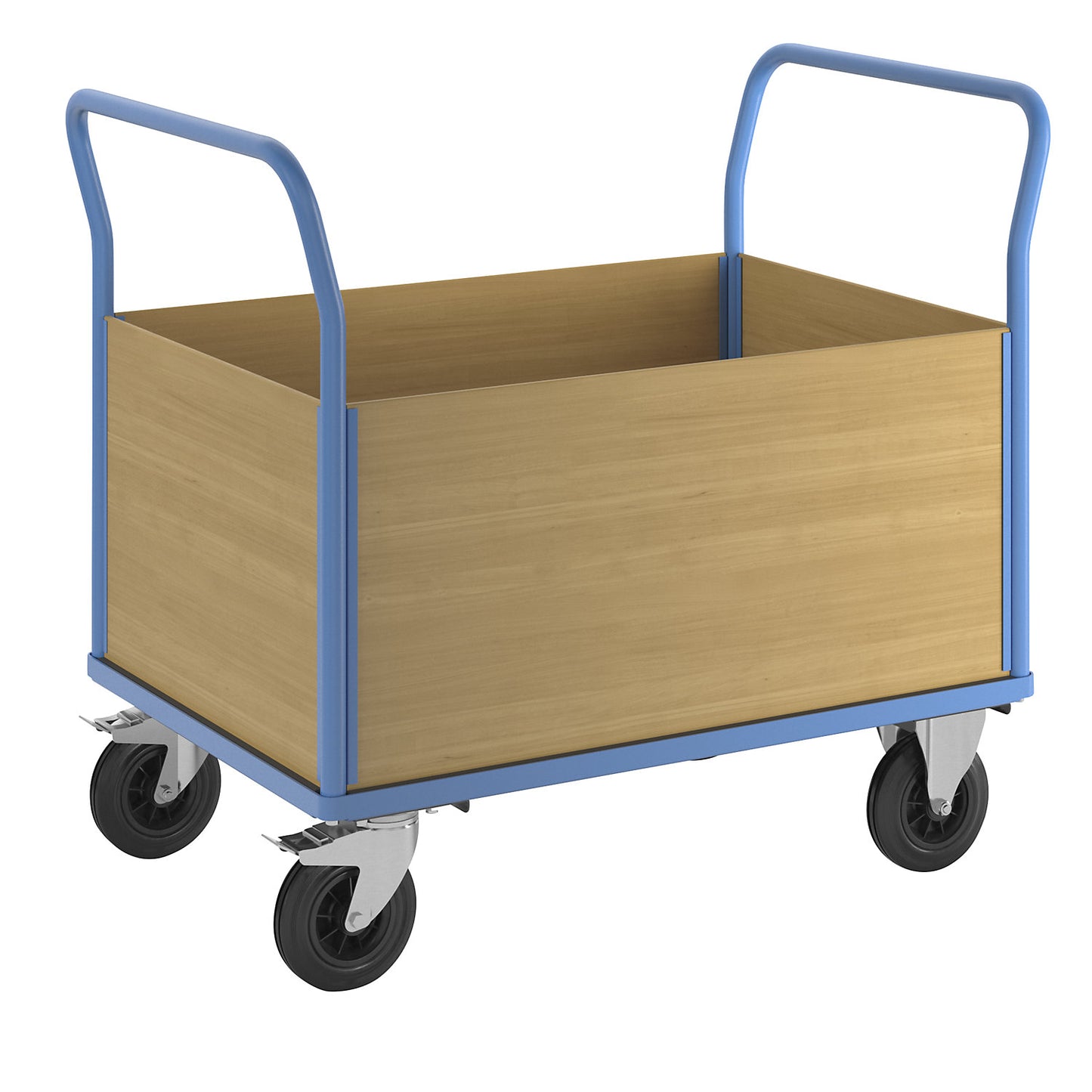 Platform truck with wooden panels, with 4 full height side panels, LxW 1350 x 800 mm, solid rubber.