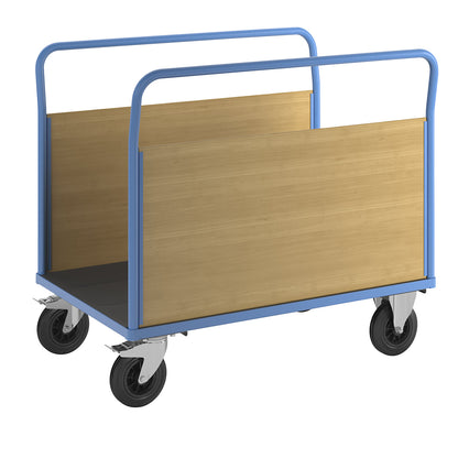 Platform truck with wooden panels, with 2 full height longitudinal panels, LxW 1250 x 870 mm, solid rubber.