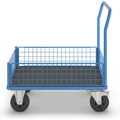 Platform truck with mesh panels, 4 half height mesh panels, LxW 1050 x 700 mm, solid rubber tyres.
