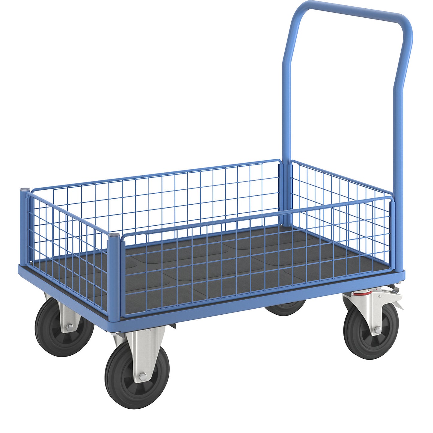 Platform truck with mesh panels, 4 half height mesh panels, LxW 1050 x 700 mm, solid rubber tyres.