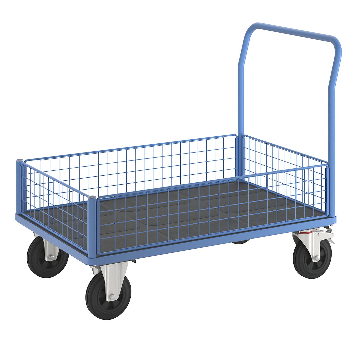 Platform truck with mesh panels, 4 half height mesh panels, LxW 1250 x 800 mm, solid rubber tyres.