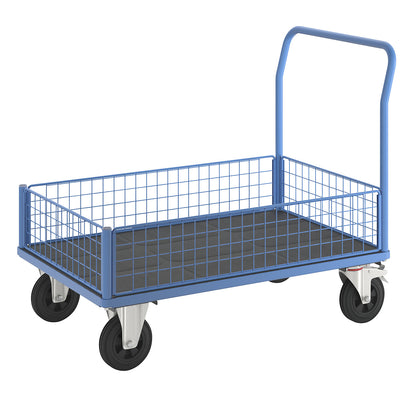 Platform truck with mesh panels, 4 half height mesh panels, LxW 1250 x 800 mm, solid rubber tyres.