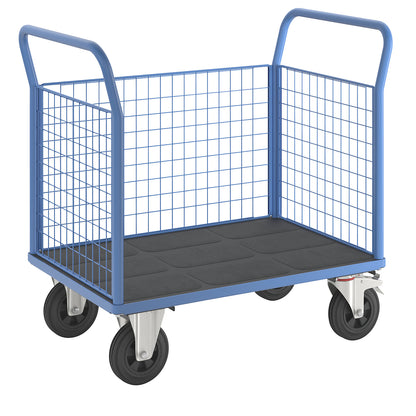 Platform truck with mesh panels, 3 high mesh panels, LxW 1050 x 700 mm, pneumatic tyres.