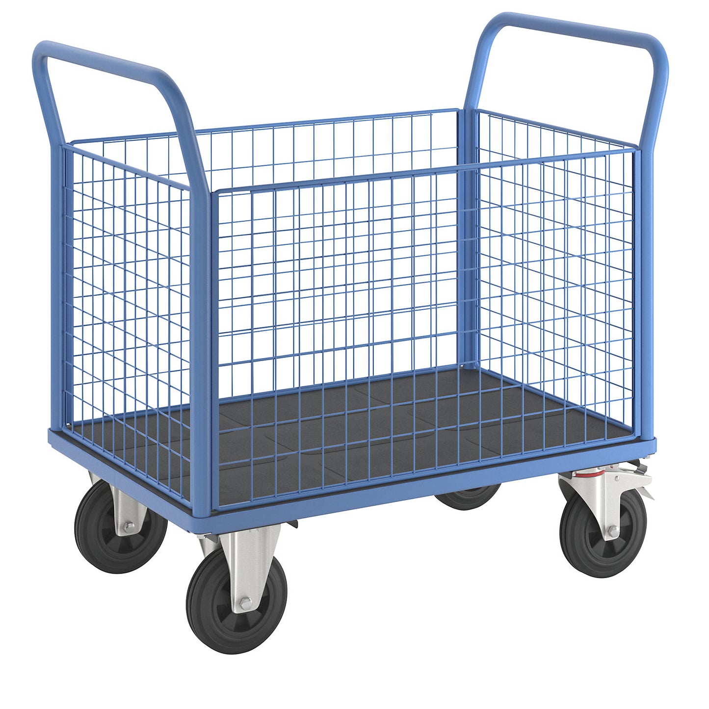 Platform truck with mesh panels, 4 high mesh panels, LxW 1050 x 700 mm, solid rubber tyres.