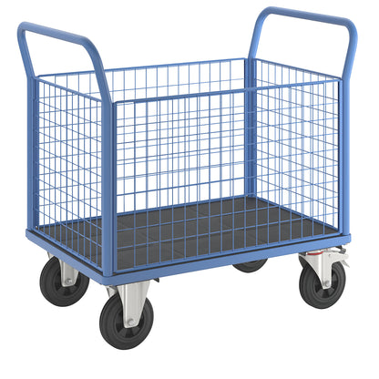 Platform truck with mesh panels, 4 high mesh panels, LxW 1050 x 700 mm, solid rubber tyres.