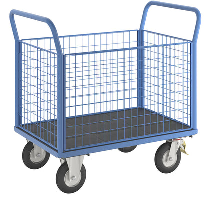 Platform truck with mesh panels, 4 high mesh panels, LxW 1050 x 700 mm, pneumatic tyres.